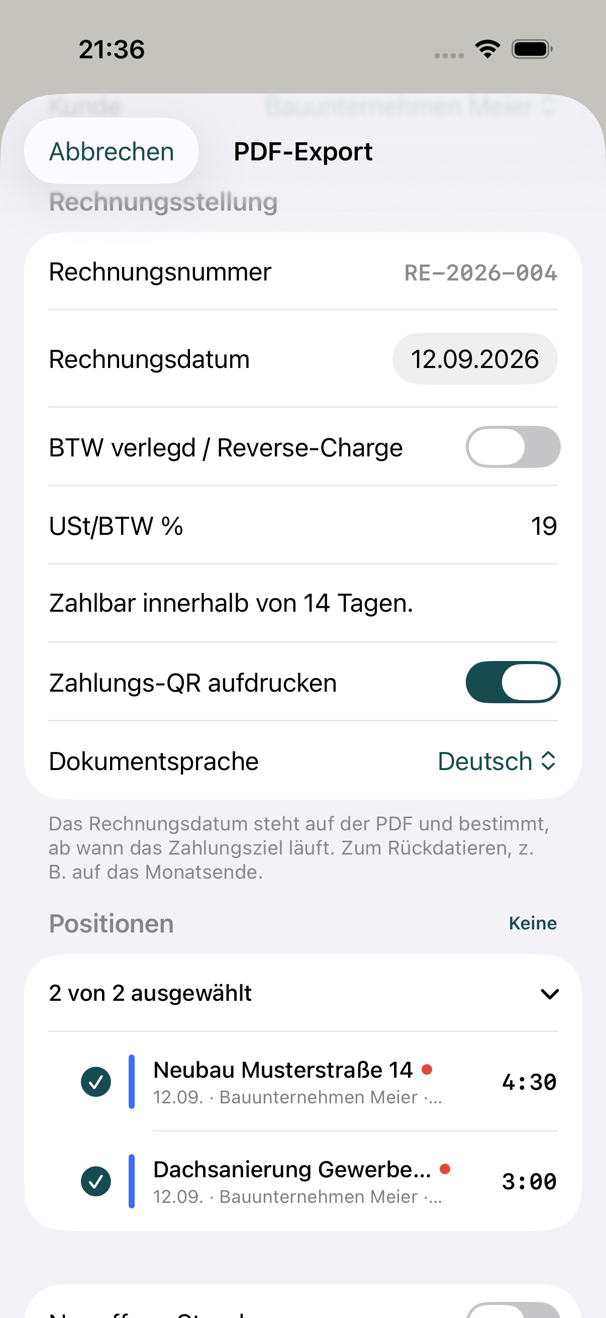 Export-Ansicht in Ruvendi: Rechnungsnummer, Rechnungsdatum, Umsatzsteuersatz, Zahlungsziel und die Auswahl der Positionen.